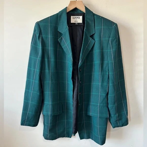 Teal Green Vintage Plaid Blazer By KASPER for ASL Size 14